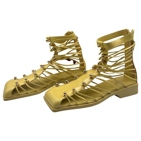 Vivienne Hu Studded Patent Leather Strappy Gladiator Sandals Lemon Yellow Sz 10 - Picture 2 of 11